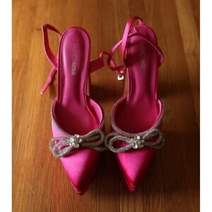Fashion Nova Pink Satin Platform Heels Silver Bow Size 7